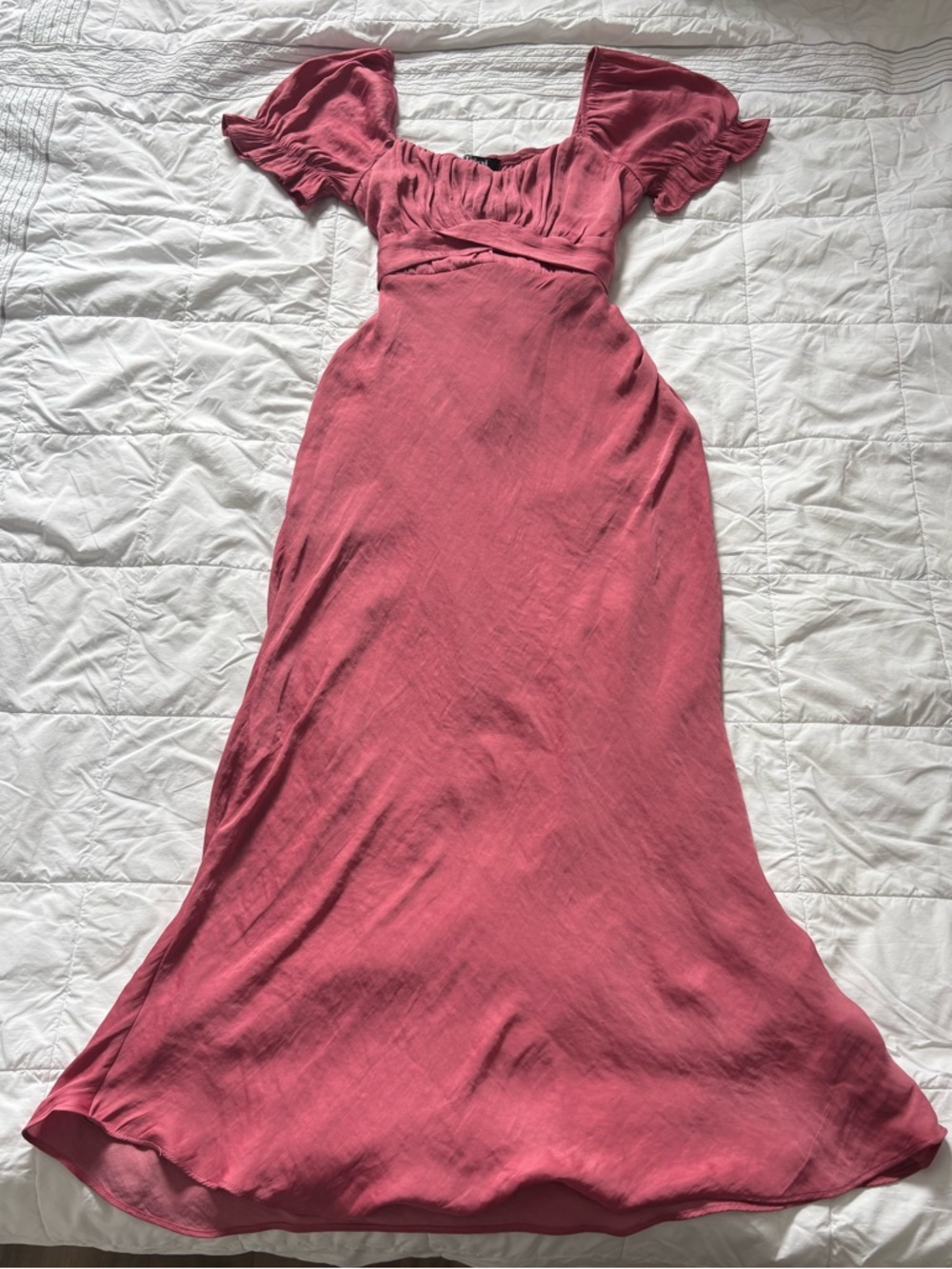 Trixxi Women’s Midi Short Puff Sleeve Satin Dress in Pink, Size Small